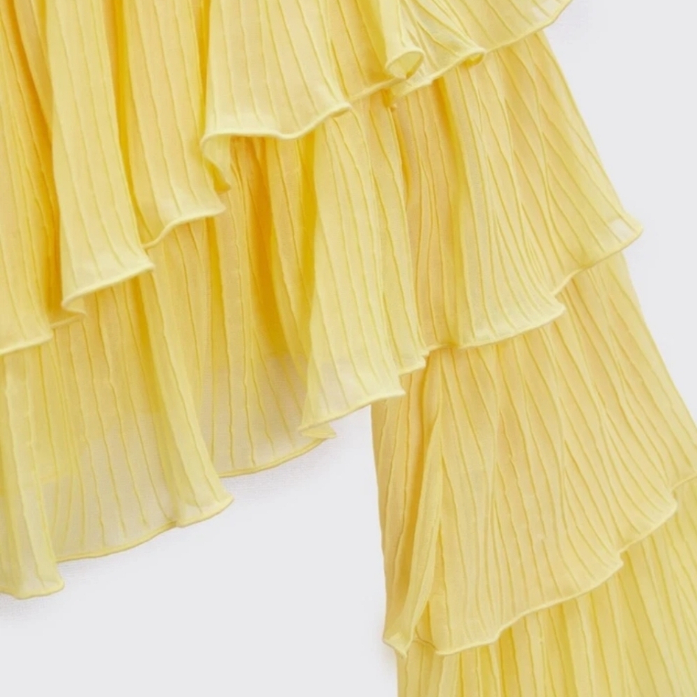 🌟Yellow Ruffled One-Shoulder Top - Picture 3 of 4